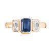 sapphire and diamond three stone bezel set rose gold ring 2