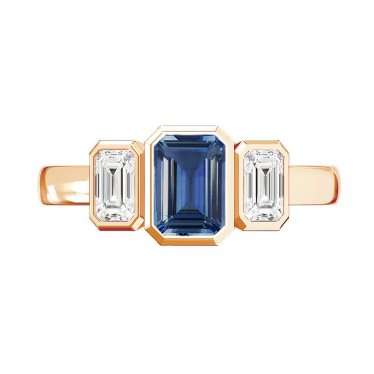 sapphire and diamond three stone bezel set rose gold ring 2