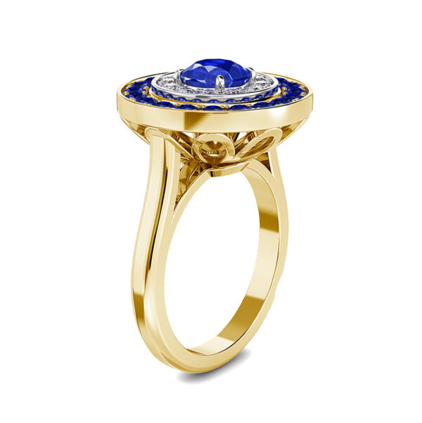 sapphire double halo ring in yellow gold 2