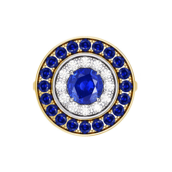 sapphire double halo ring in yellow gold