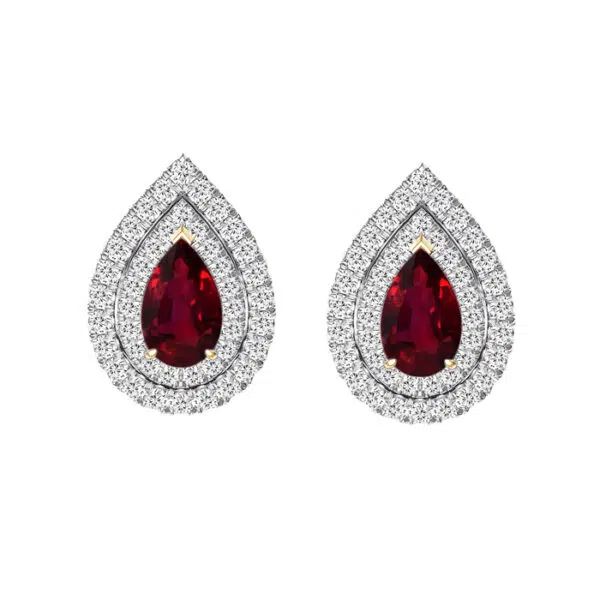 pear shaped ruby double halo earrings