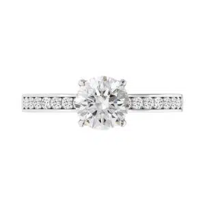 channel set diamond band solitaire ring with hidden halo