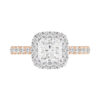 cushion cut halo diamond ring with a diamond rose gold band