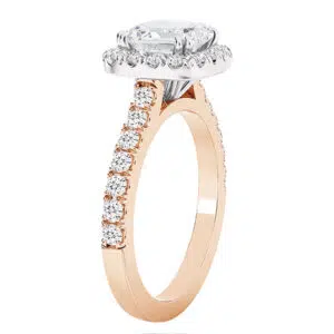 cushion cut halo diamond ring with a diamond rose gold band 3