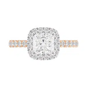 cushion cut halo diamond ring with a diamond rose gold band