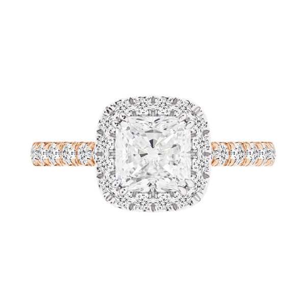 cushion cut halo diamond ring with a diamond rose gold band