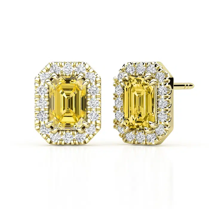 Yellow Diamond Classic Halo Emerald cut earrings