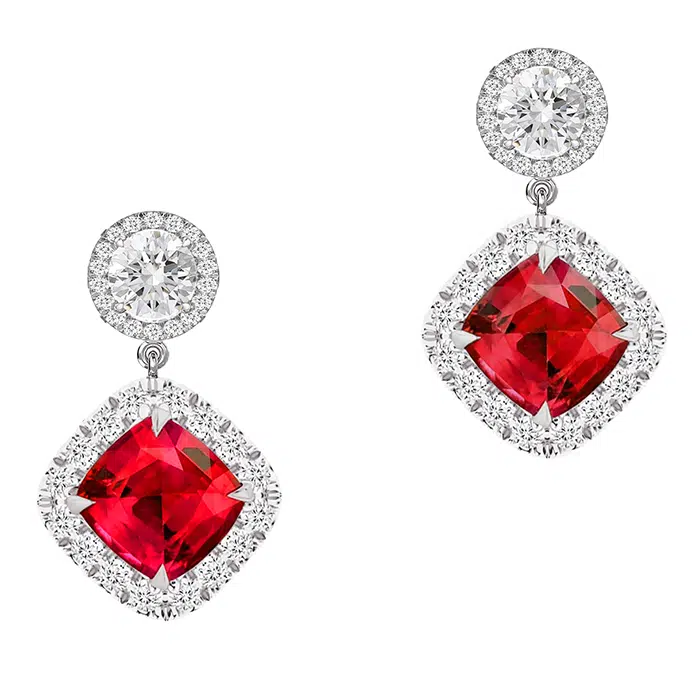 Ruby cushion drop earrings