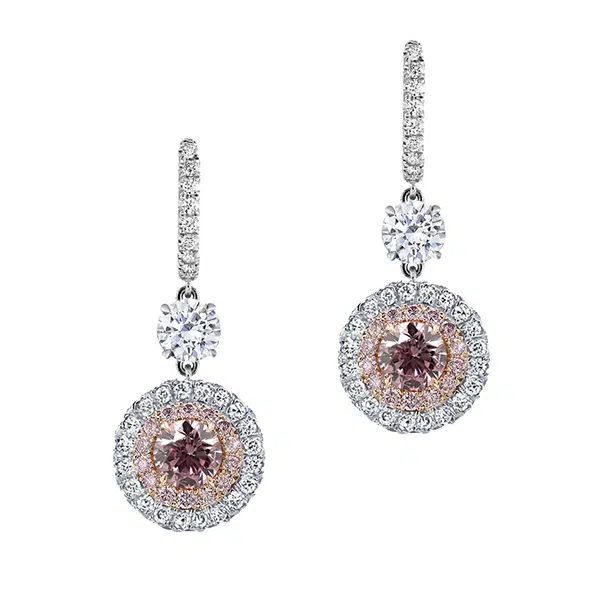 Pink diamond halo drop earrings