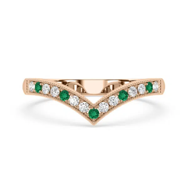 Emerald and Diamond V Shape Wedding Ring in Rose Gold 2