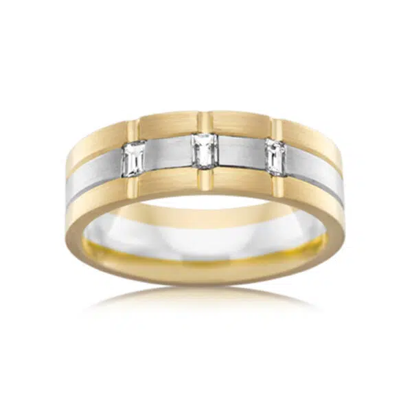 Two tone matt mens ring with three baguette diamonds