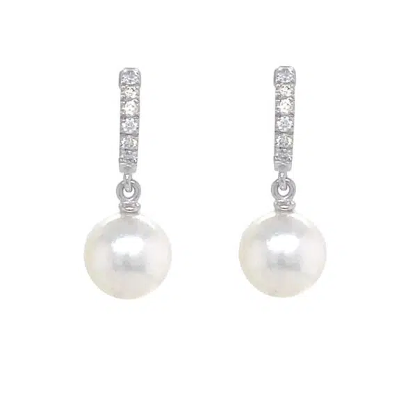 diamond huggie earrings with south sea pearls