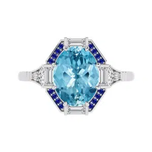 art deco aquamarine dress ring with blue sapphire highlights