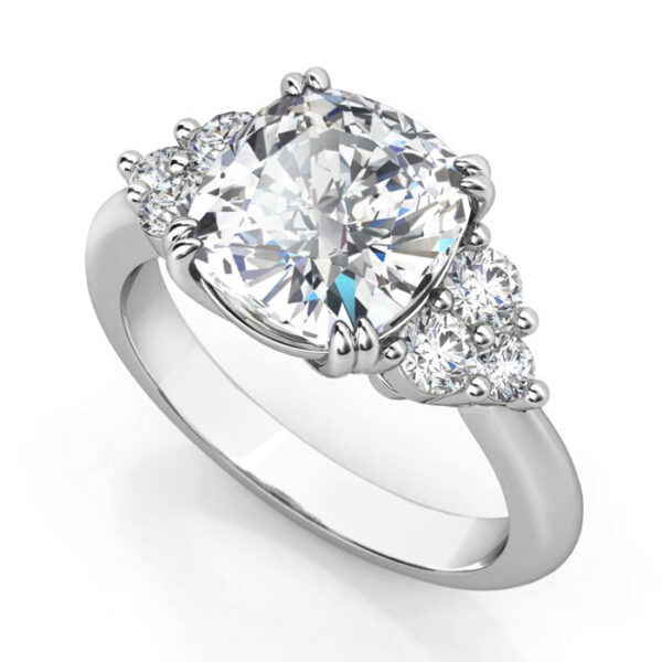 cushion cut diamond ring with three rounds on each side 1