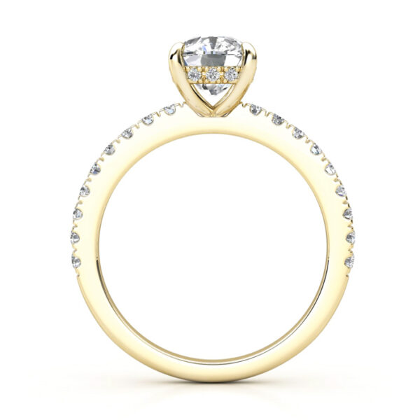 cushion cut diamond with diamond band in yellow gold 1