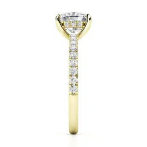 cushion cut diamond with diamond band in yellow gold 2