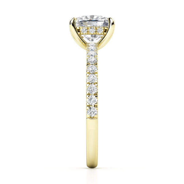 cushion cut diamond with diamond band in yellow gold 2