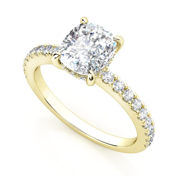 cushion cut diamond with diamond band in yellow gold 3