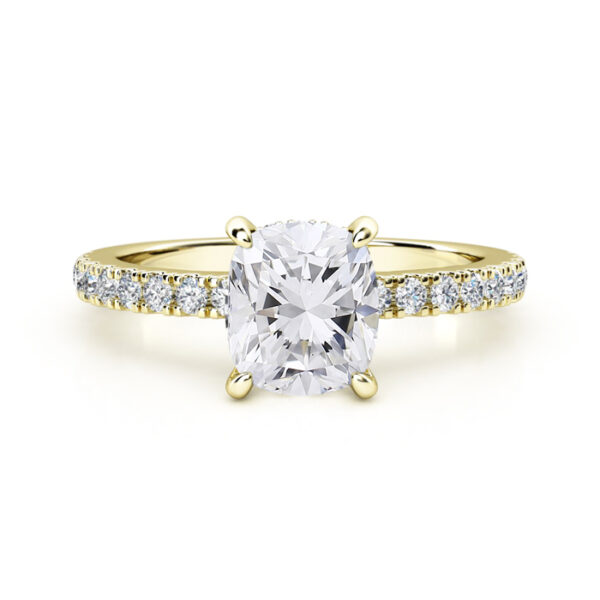 cushion cut diamond with diamond band in yellow gold 4