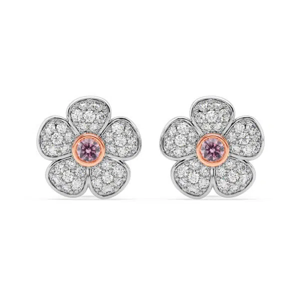 diamond encrusted flower studs with pink diamond center 1