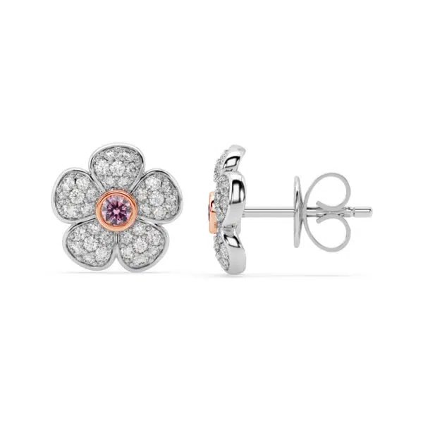 diamond encrusted flower studs with pink diamond center 2