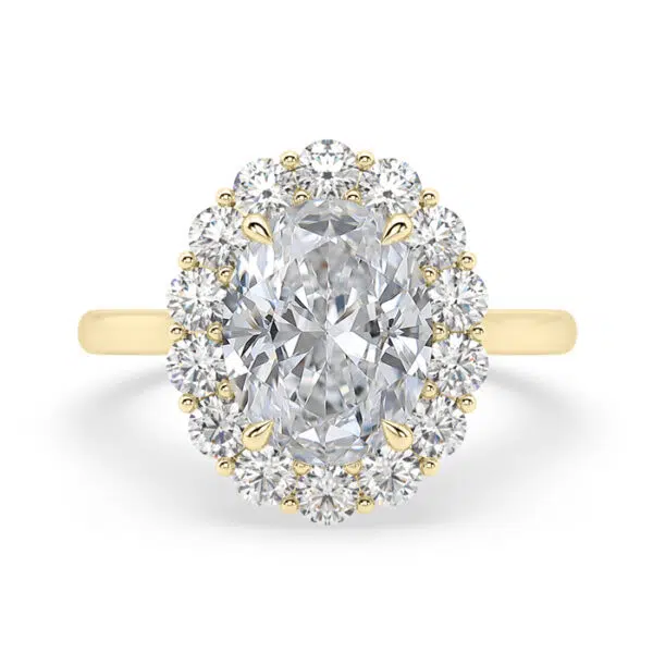 modern oval diamond halo engagement ring in yellow gold 1