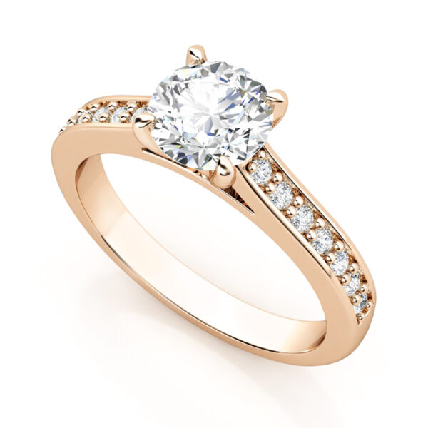 rose gold engagement ring with round diamond and diamond band 1