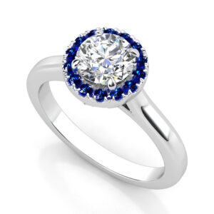 round diamond engagement ring with sapphire halo 1