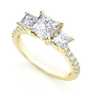 three stone princess cut diamond engagement ring in yellow gold 2