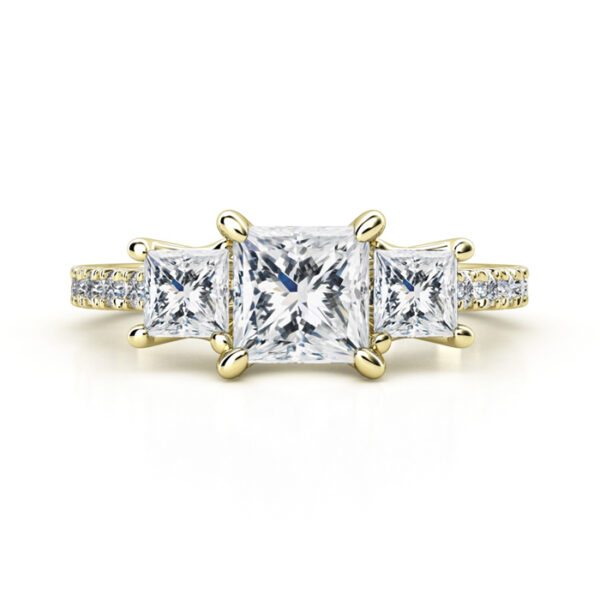 three stone princess cut diamond engagement ring in yellow gold 4