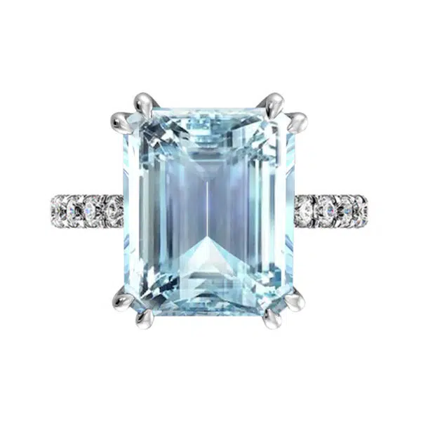 emerald cut aquamarine ring with diamonds in band