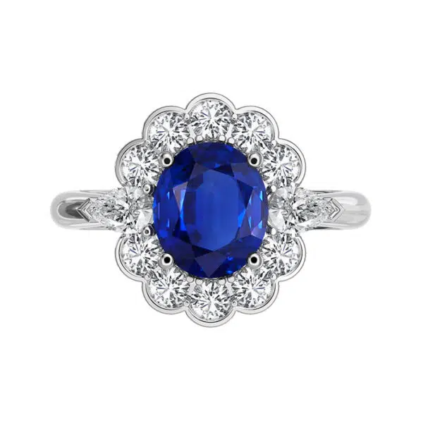 blue sapphire flower semi bezel halo with pear diamonds