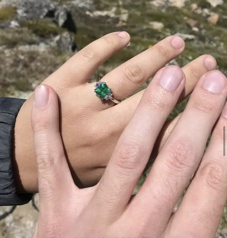 emerald and diamond three stone engagement ring