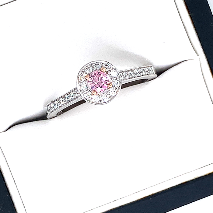 pink diamond round halo dress ring