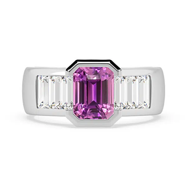 Modern Pink Sapphire Ring with Baguette Diamonds 1
