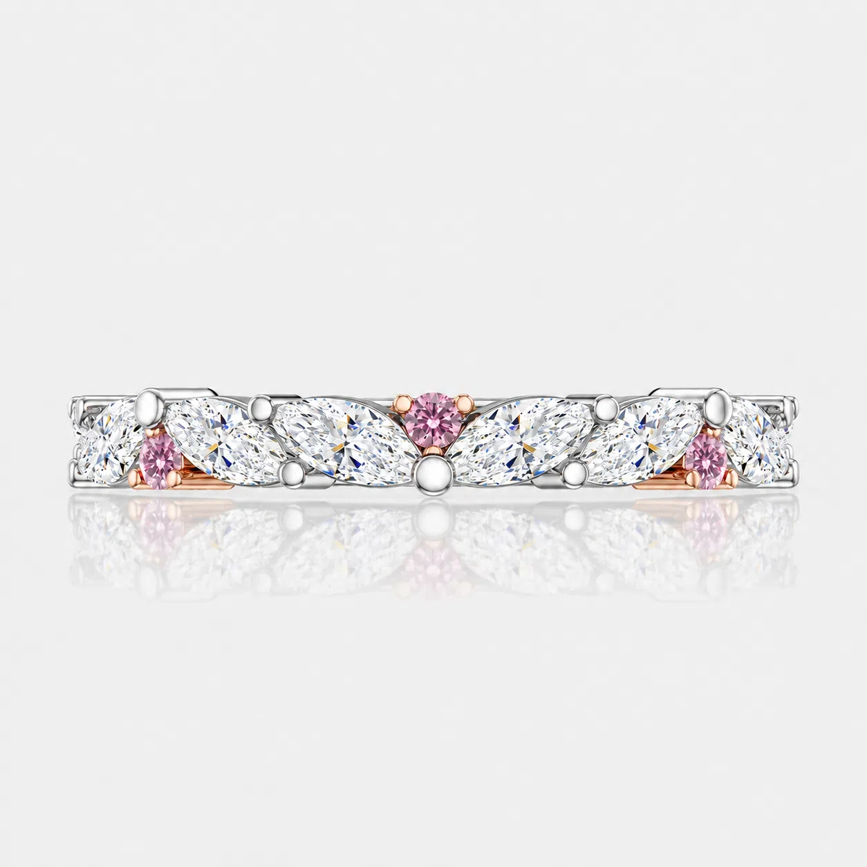 Pink Diamond and Marquise Diamond Wedding Ring reflection