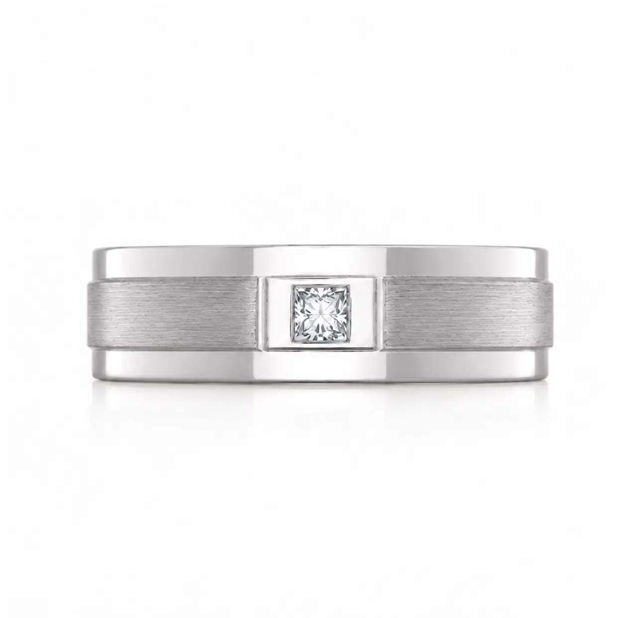 18ct white gold men's wedding band with square colourless diamond and matt finish – Waldemar Jewellers